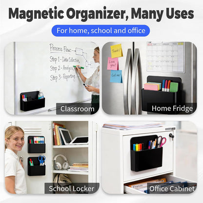 2 Pack Magnetic Pen Holder for Refrigerator & Whiteboard, Full-Back Magnet Dry Erase Marker Holder with Adjustable Divider, Magnetic Marker Holder for White Board Office Desk Locker Accessories, Black