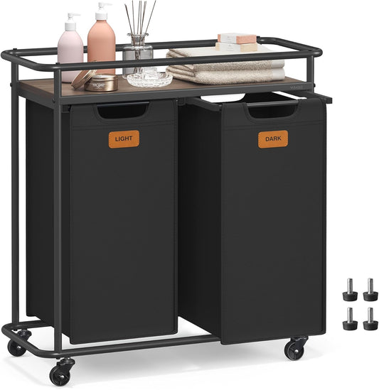 VASAGLE Laundry Sorter with Wheels, 39.6 Gal., 4 Removable Liners | Portable Laundry Cart with Shelf, 150 L, 6 Labels, Ink Black and Chestnut Brown, STEVIE Collection URLS100BH01S