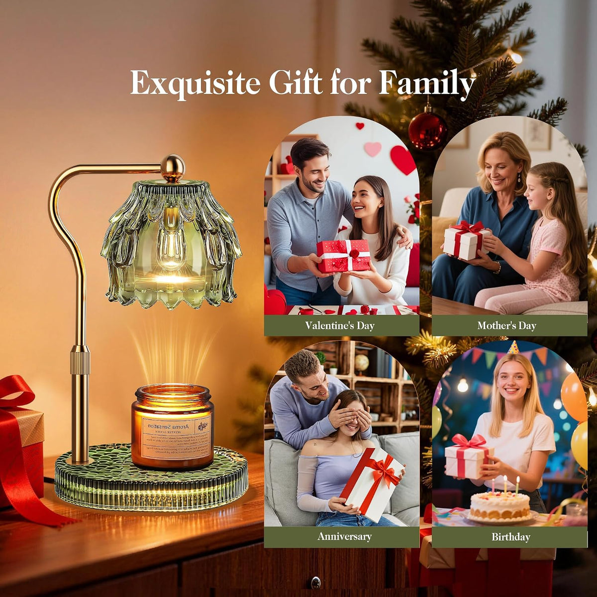 Candle Warmer Lamp with Timer Dimmer, Modern Wax Warmer for Scented Wax Jar Candle Warmer with 2 Bulbs, Adjustable Height Glass Lamp for Gifts for Women, Home Decor, Gold Amber