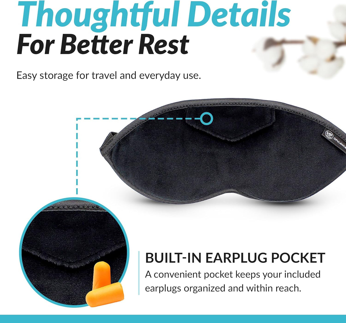 Dream Essentials Opulence Micro Plush Sleep Mask, Black Velvet Eye Mask for Sleeping with Earplugs, Front Pocket, Adjustable Strap, Soft Cotton Lining, Light Blocking Travel Accessory for Night Rest