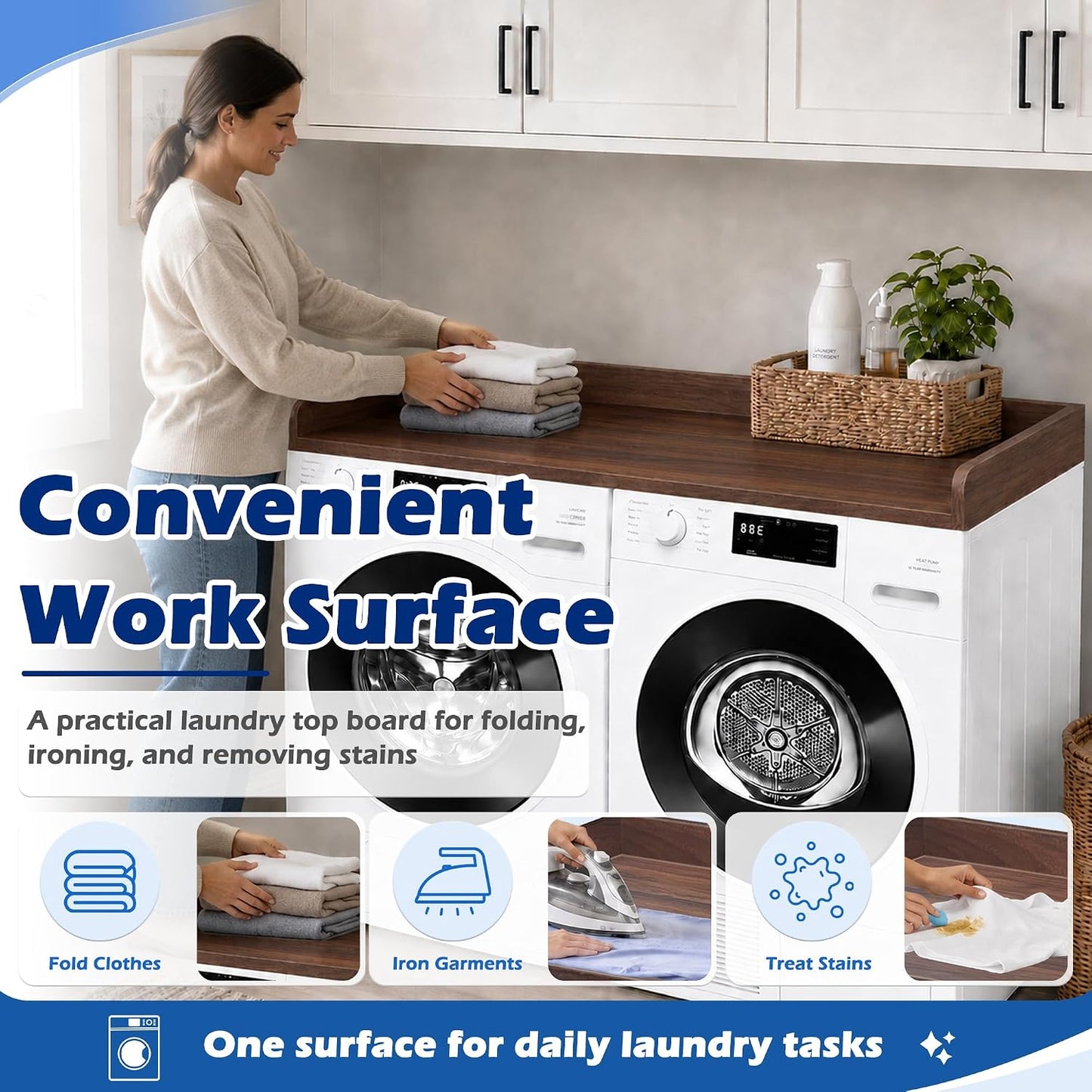 ROYXEN Washer Dryer Countertop, Laundry Countertop Solid Wood, Countertop for All Front-Loaded Washing Machine and Dryer, Extra Room for Laundry Room, Oak