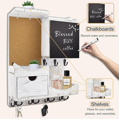 Key Holder for Wall Mount with Shelf and Mail Organizer, Key and Mail Holder with 16 Hooks, Farmhouse Entryway Organizer, Home Decor Rack (Pine Wood, White Washed)