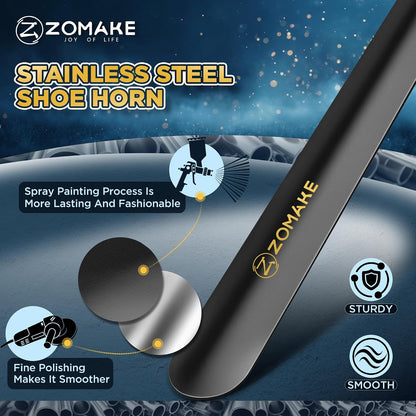 ZOMAKE Shoe Horn Long Handle for Seniors Men Women, Metal Shoehorn 16.5" | Stainless Steel Boot Horn Shoe Spoon Helper, Smooth Rounded Curve, Comfort Grip, No Bending Over, Shoe Care for Daily Use
