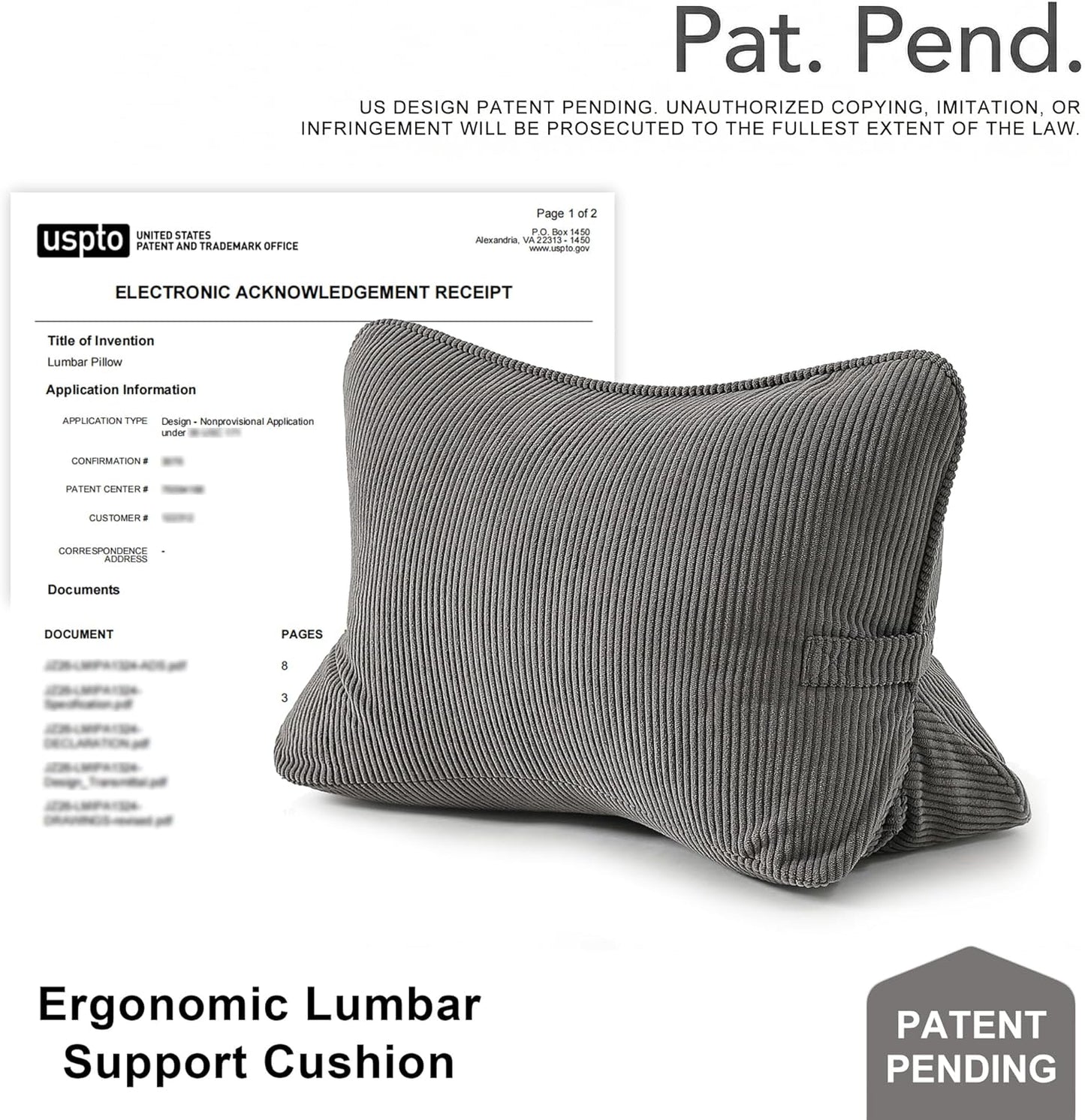 Pat. Pend. Corduroy Lumbar Support Back Pillow for Watching TV, Reading & Gaming, Ergonomic Triangle Support Cushion for Sofa, Armchair & Bed Sitting, Removable Washable Cover, Beige Gray