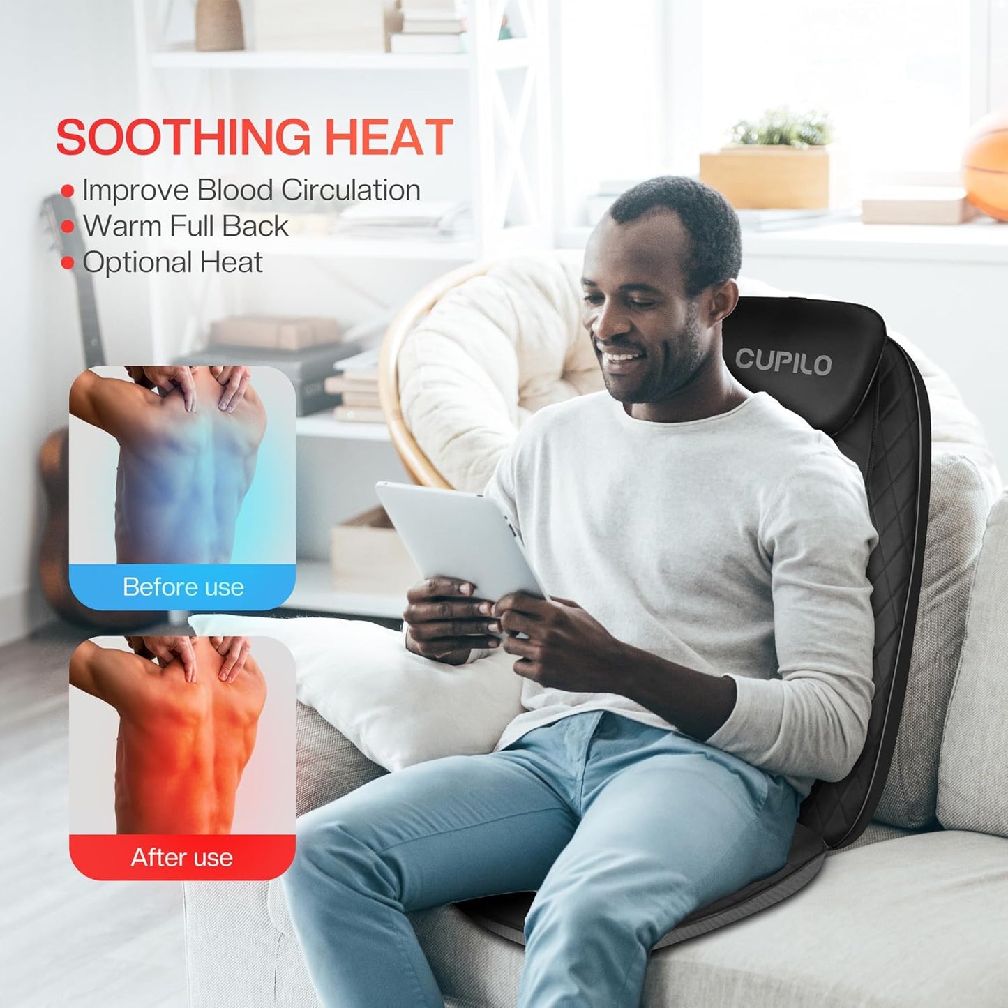 Back Massager with Heat, Massage Chair Pad with 5 Vibrating Modes, 2 Heat Levels Electric Massage Seat Cushion, Massage Pad for Back Pain Relief, Birthday Gifts for Men Husband Him Dad Mom Her