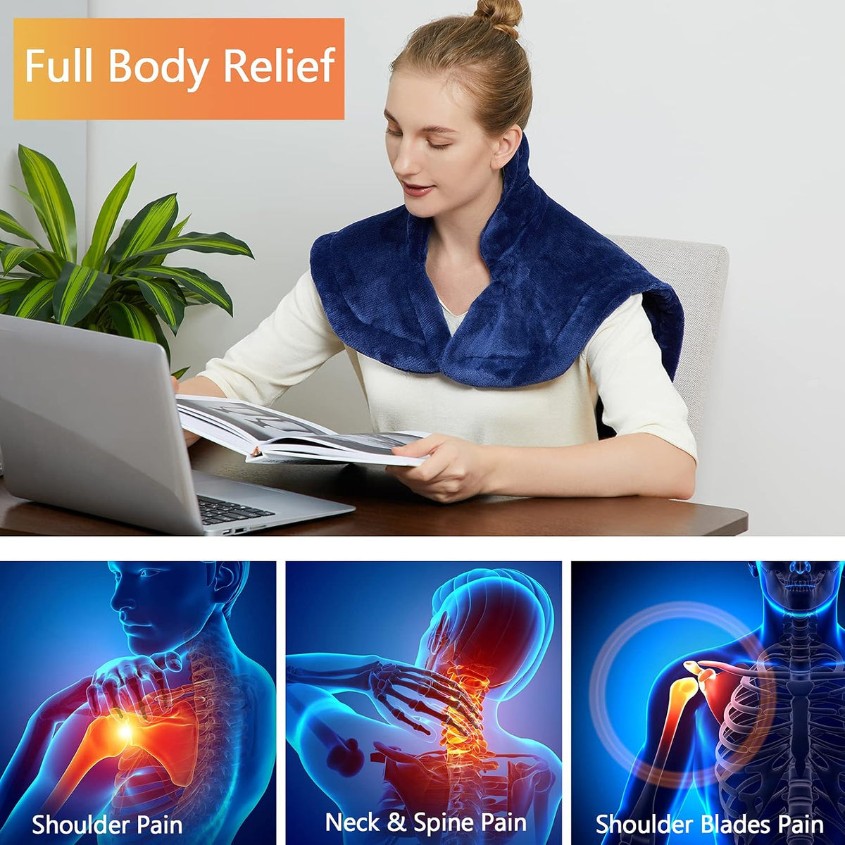 CAROMIO Massaging Heating Pad for Back Pain Relief, Neck and Shoulders