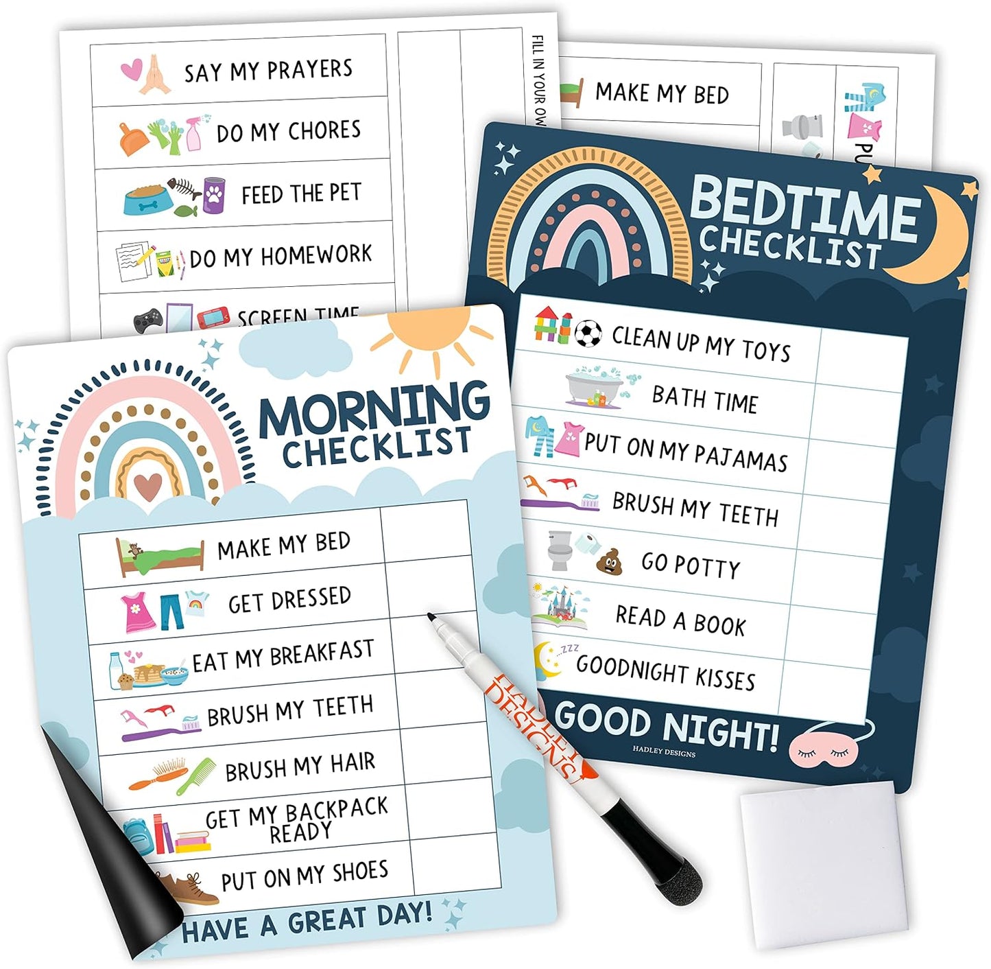 Magnetic Morning & Bedtime Routine Chart for Kids - Customizable Toddler Daily Schedule Board with Dry Erase Surface, Stickers & Marker, Build Habits with Visual Checklists, Boho Theme