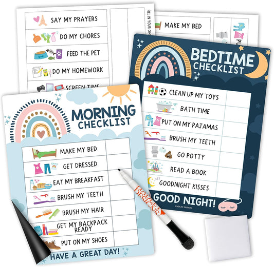 Magnetic Morning & Bedtime Routine Chart for Kids - Customizable Toddler Daily Schedule Board with Dry Erase Surface, Stickers & Marker, Build Habits with Visual Checklists, Boho Theme