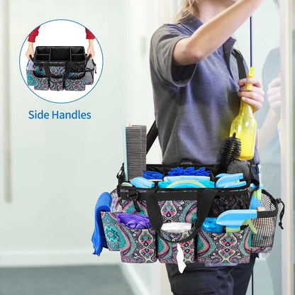 LoDrid Wearable Cleaning Caddy Bag with 4 Foldable Dividers, Black | Cleaning Supply Organizer with Shoulder Strap and Side Handles for Cleaners & Housekeepers
