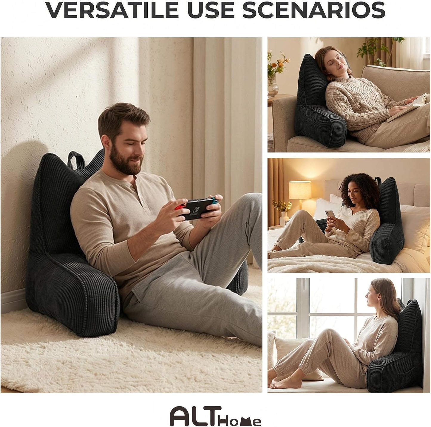 Patented Design Reading Pillow with Arms for Sitting Up, 2-in-1 Bed Rest Pillow with Detachable Lumbar Support, Backrest Support Cushion for Couch with Side Pockets & Handle, Beige Gray