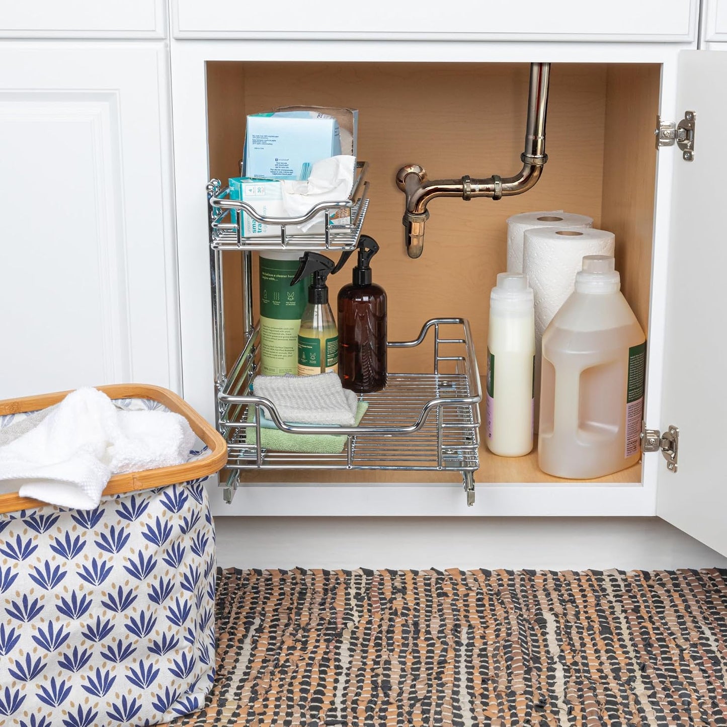 Household Essentials Glidez Multipurpose Chrome-Plated Steel Pull-Out/Slide-Out Storage Organizer for Cookware and Bakeware - 2-Tier Design - Fits Standard Size Cabinet or Shelf, Chrome