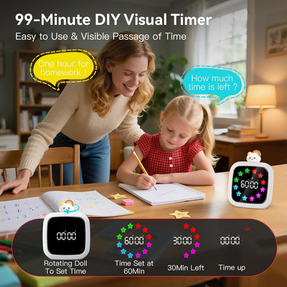 Yunbaoit Digital Visual Timer for Kids, 99-Minute Countdown, Rechargeable | 19 Music Alarm, Pause Function, 9 Optional DIY Color Planet Display, Robot Doll, for Study, Homeschool, Kitchen