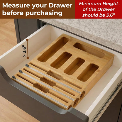 9-in-1 Bamboo Kitchen Drawer Organizer - Storage Bag Holder with Built-In Foil & Wrap Cutter Dispenser - Wooden Food Storage Bag Organizer for Gallon, Quart, Sandwich and Snack Sizes