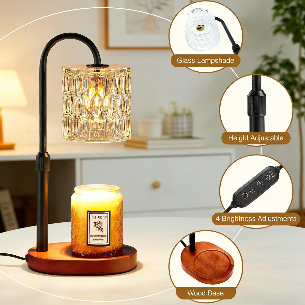 Dreamholder Electric Candle Warmer Lamp with Timer, Dimmable Candle Lamp with Adjustable Height, Wax Melter for Jar Candles Wood Base Floral Home Decor Gifts for Women Mom, Silver Glass