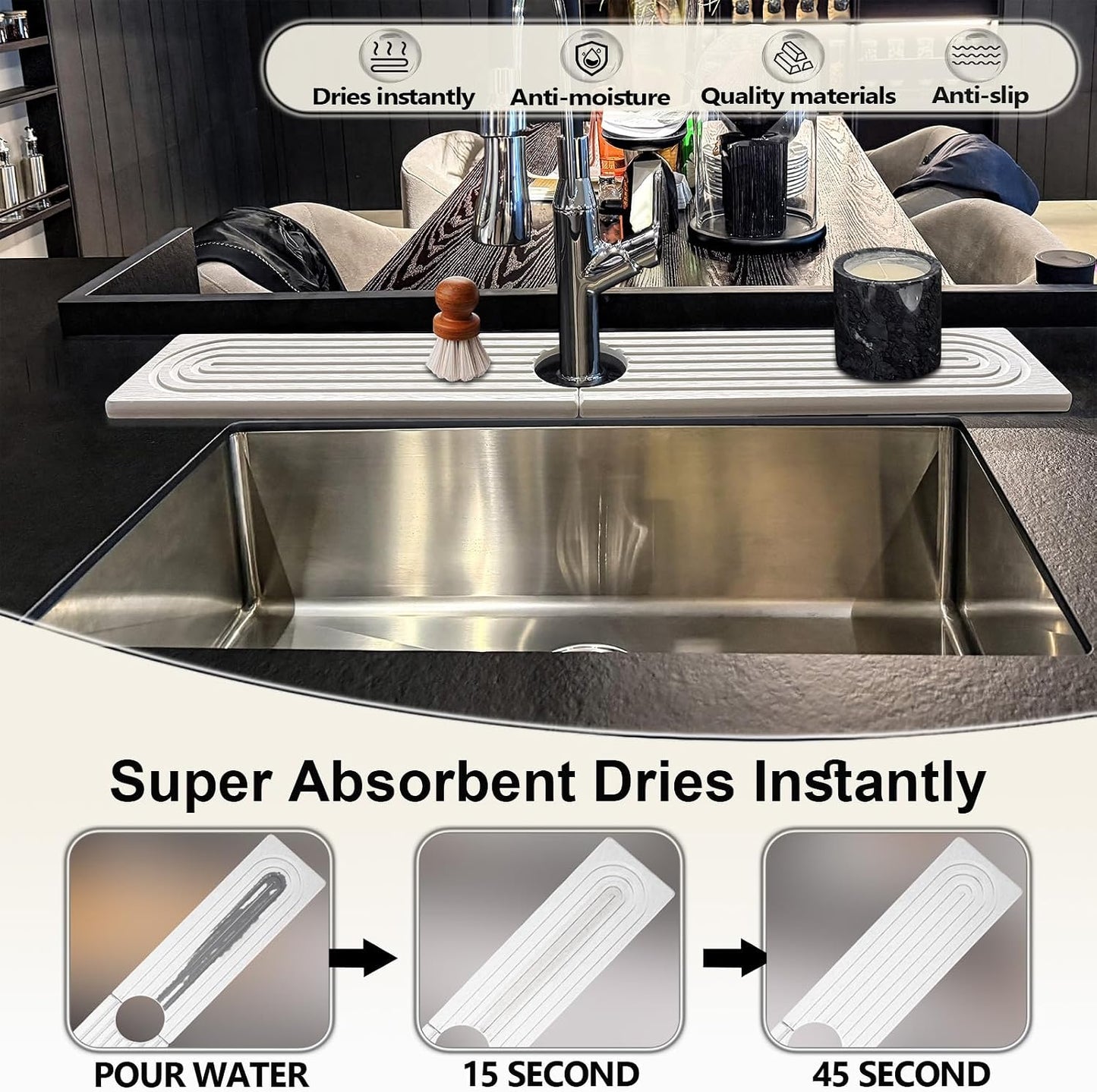 Stone Faucet Mat For Kitchen Sink, 23.6" Diatomite Quick Drying Stone Mat For Kitchen Sink, Sink Splash Guard, Super Absorbent, Sink Stone Quick Dry Around Faucet For Bathroom Counter (White)