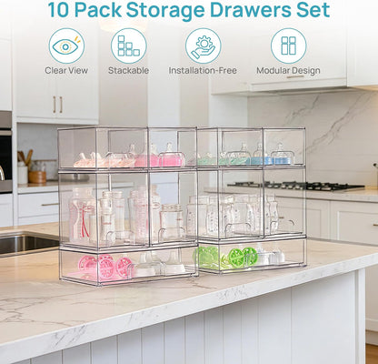 Vtopmart Clear Stackable Storage Drawers Set of 6, Plastic Organizer Bins | Multi-purpose Boxes for Bathroom Accessories Storage, Ideal for Cabinet, Shelf, Pantry, Laundry Room Organization