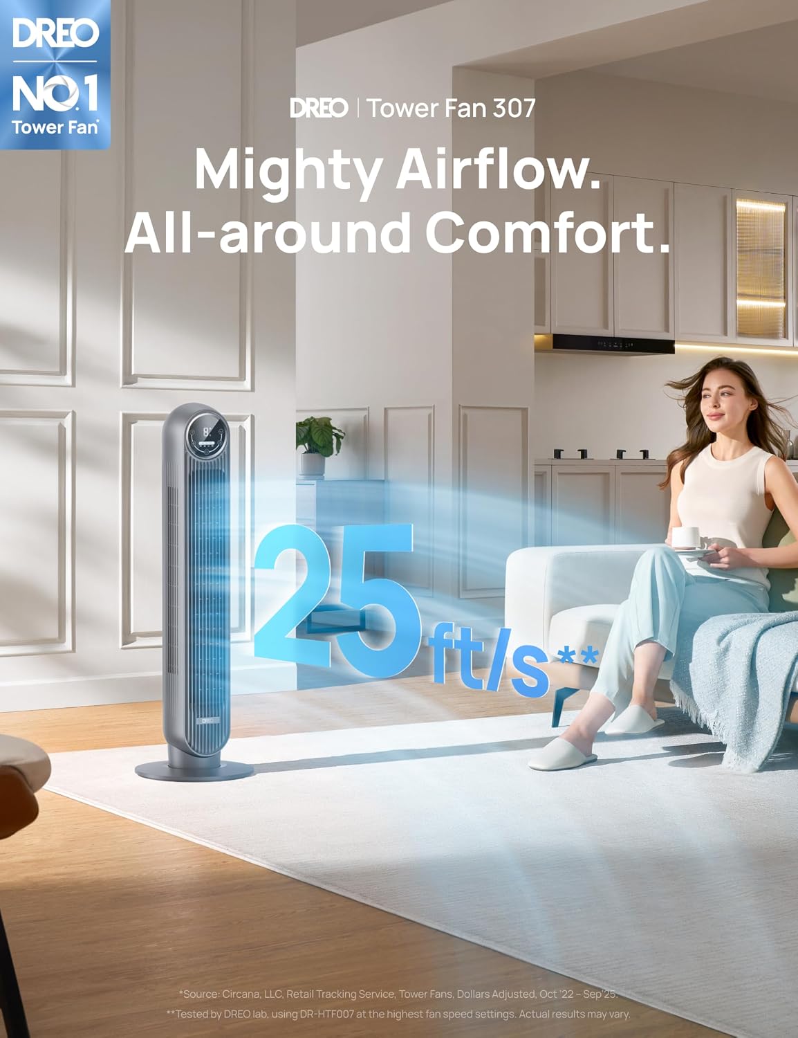 DREO Tower Fan for Bedroom, 26ft/s Velocity, 90° Oscillating, 8H Timer