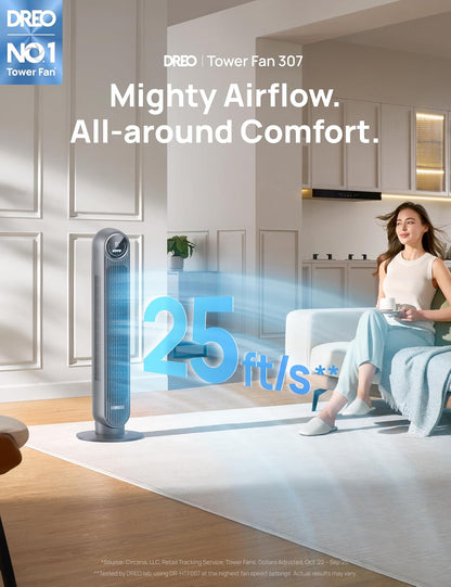 DREO Tower Fan for Bedroom, 26ft/s Velocity, 90° Oscillating, 8H Timer
