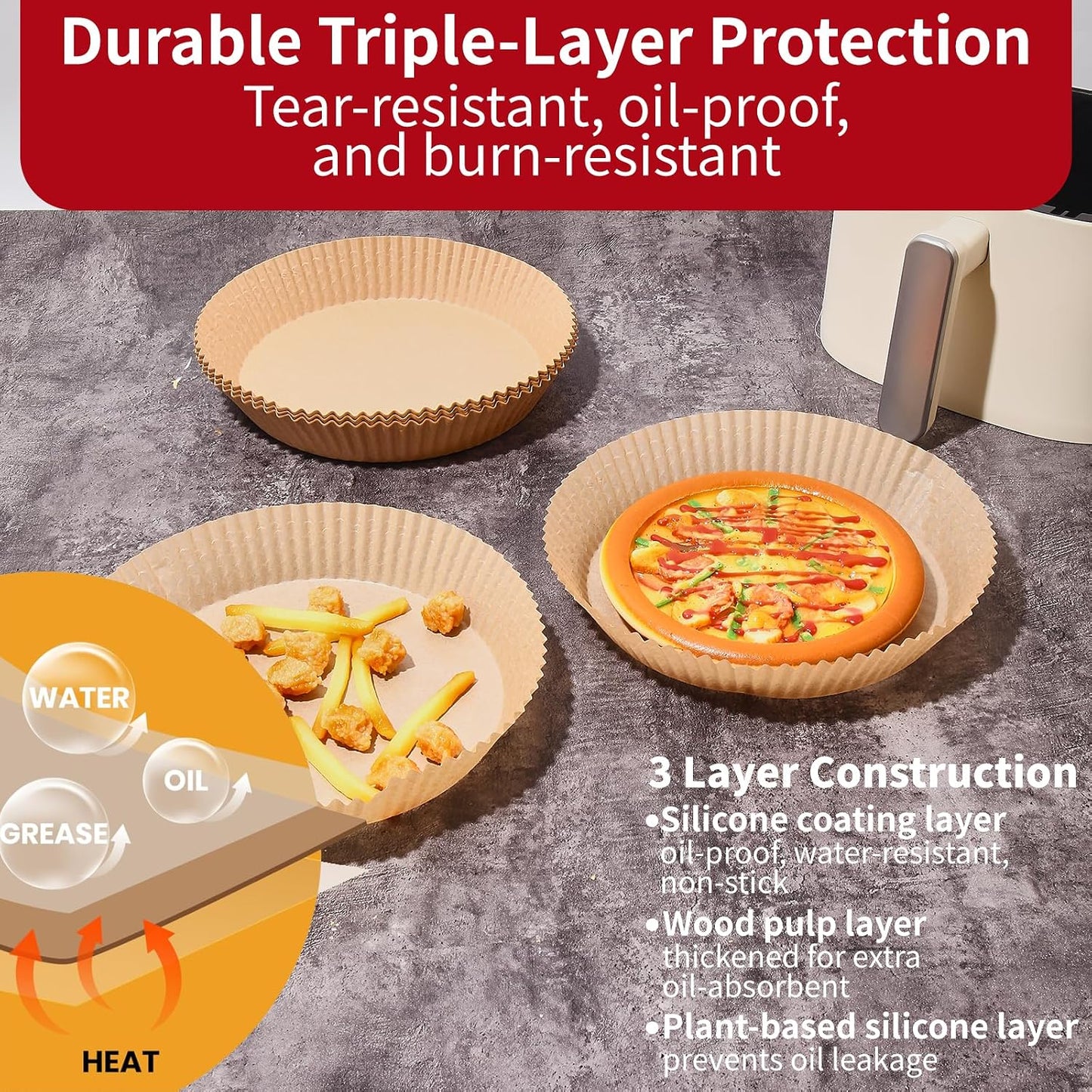 40GSM Air Fryer Liners, 6.5 Inch Air Fryer Liners Disposable, Unbleached Paper For 3-5Qt, Raw Wood Pulp, Double-Sided Silicone, For Health-Conscious Cooks & Busy Families, Square 100pcs
