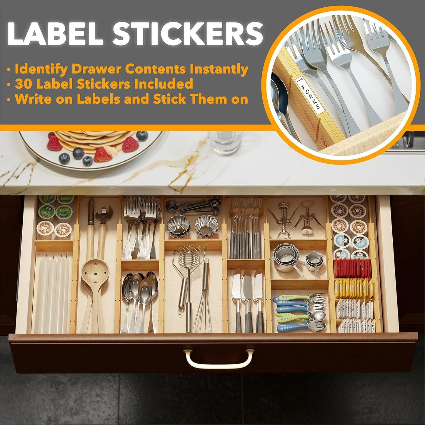 SpaceAid Bamboo Drawer Dividers with Inserts and Labels, Kitchen Adjustable Drawer Organizers, Expandable Organization for Home, Office, Dressers, 4 Dividers with 9 Inserts (17"-22" Natural)