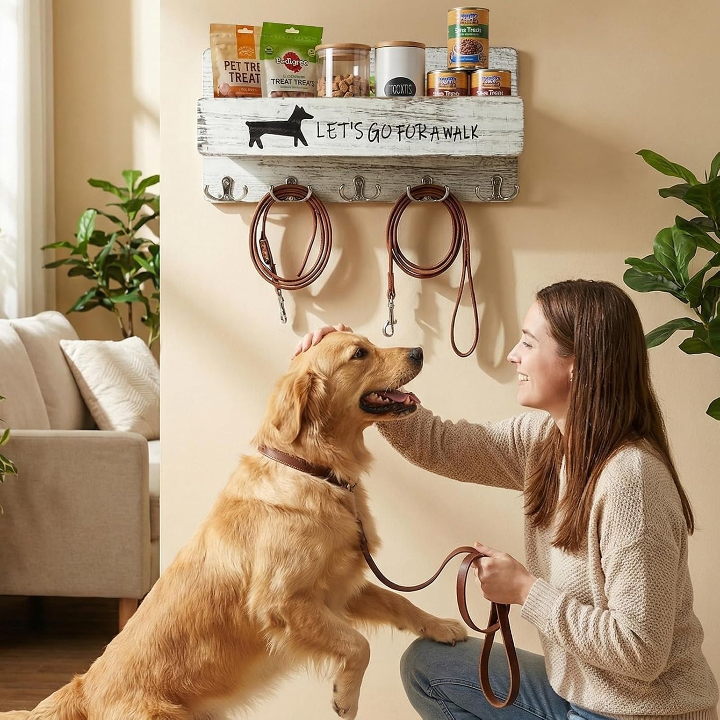 Wood Dog Leash Holder for Wall, Key Hanger with 5 Double Key Hooks | Dog Leash Hanger Wall Mounted for Entryway, Farmhouse Treats,35cm,Brown