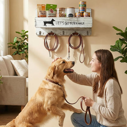 Wood Dog Leash Holder for Wall, Key Hanger with 5 Double Key Hooks | Dog Leash Hanger Wall Mounted for Entryway, Farmhouse Treats,35cm,Brown