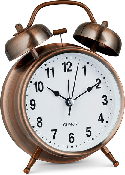 Bernhard Products Analog Alarm Clock 4" Twin Bell Vintage Navy Blue Silent Non-Ticking Quartz Battery Operated Extra Loud with Backlight for Bedside Table Desk, Retro Old Fashioned for Heavy Sleepers