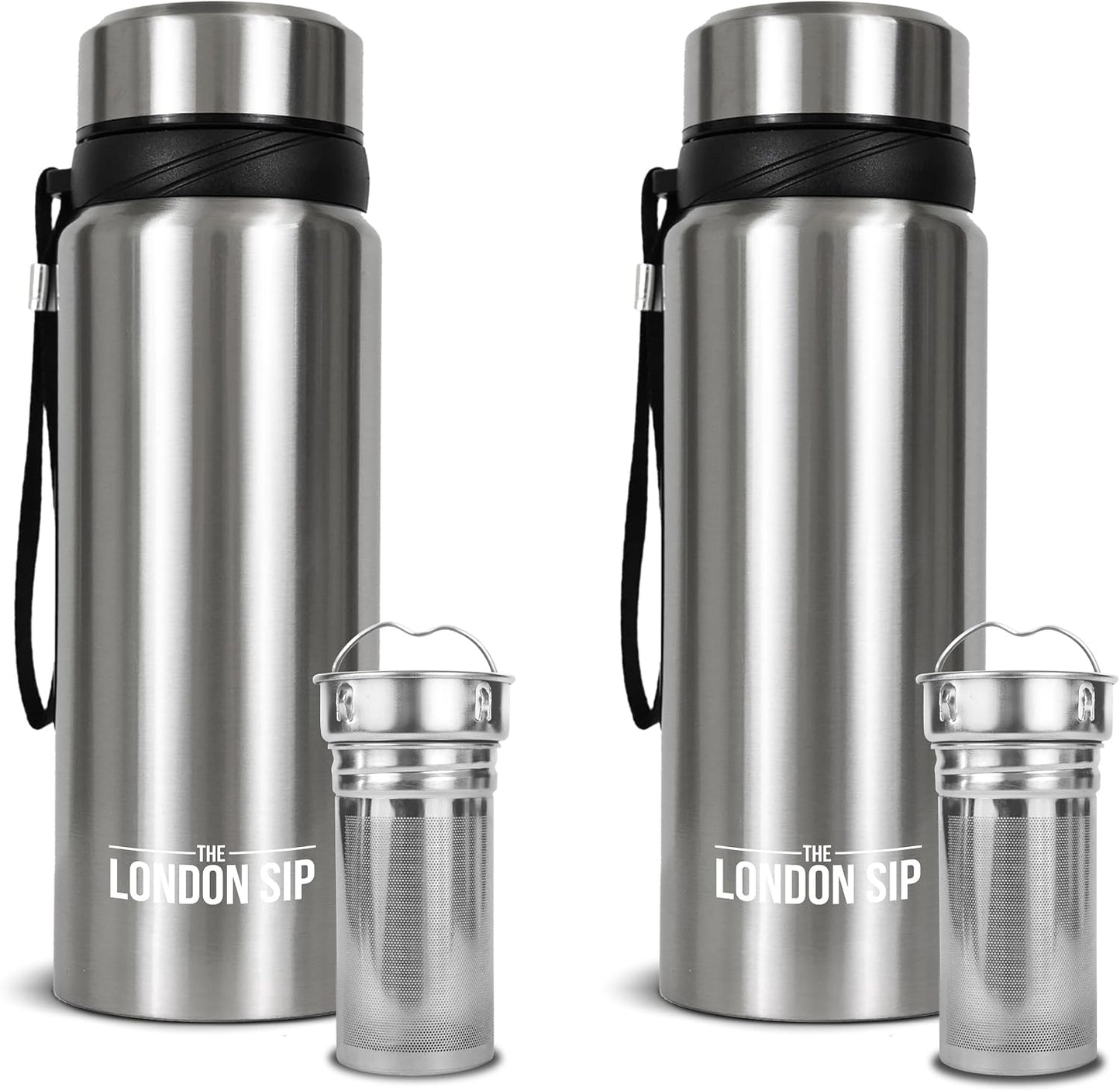 London Sip 25 oz Multi-Function Travel Mug and Tumbler Tea Infuser Water Bottle Fruit Infuser Flask Hot and Cold Double Wall Stainless Steel Coffee Thermos, Zen Black