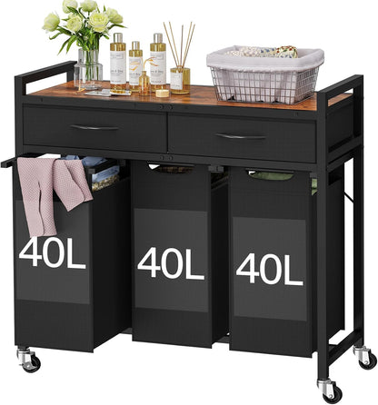 Laundry Sorter 3 Section, 120 L Laundry Hamper with 2 Drawers & 2-tone Top Panel, Rolling Laundry Basket Organizer with Pull-Out Removable Oxford Fabric Bags for Laundry Room Organization UNZYL006BVV3