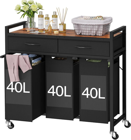 Laundry Sorter 3 Section, 120 L Laundry Hamper with 2 Drawers & 2-tone Top Panel, Rolling Laundry Basket Organizer with Pull-Out Removable Oxford Fabric Bags for Laundry Room Organization UNZYL006BVV3