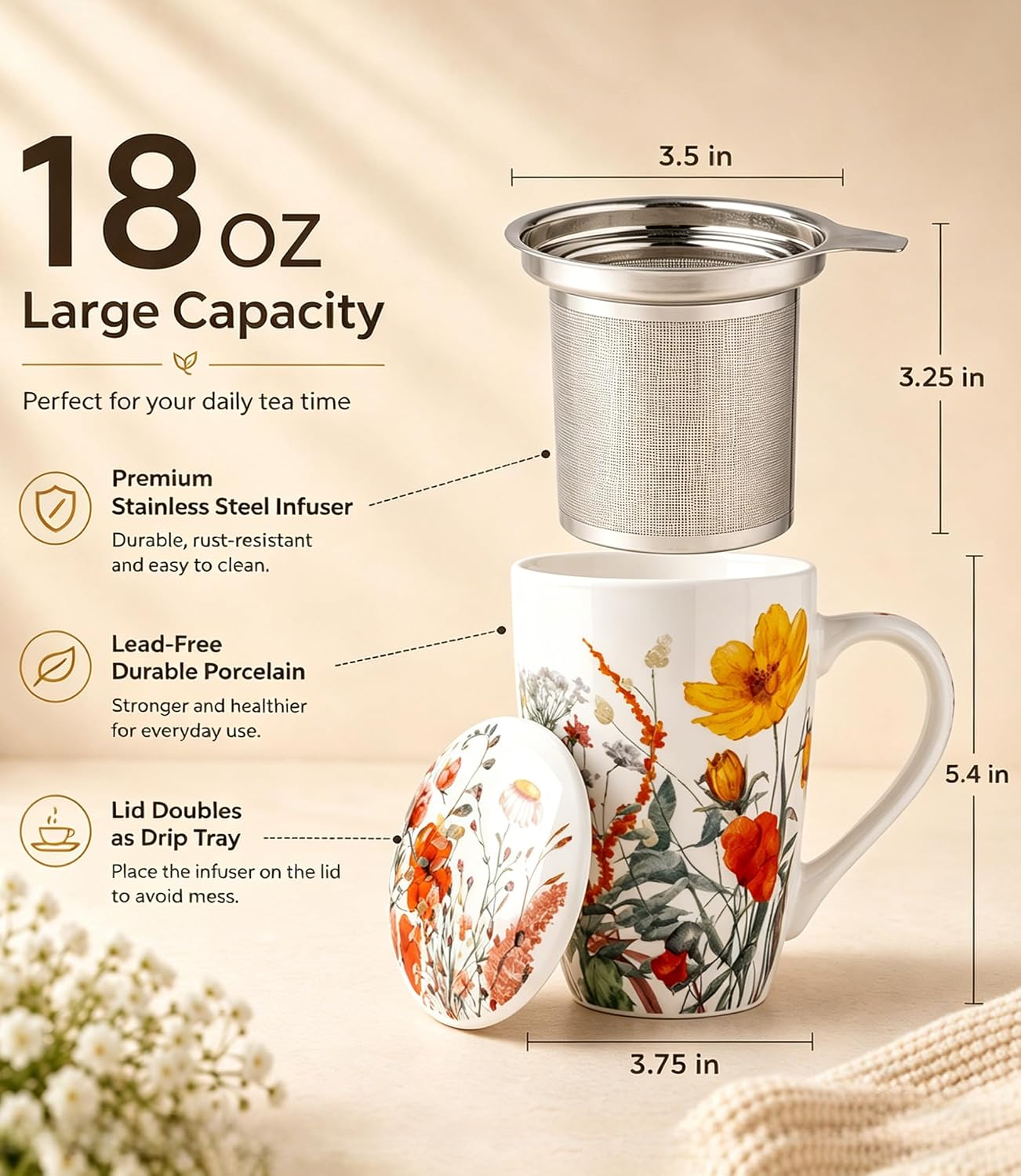 AmorArc Tea Cup With Infuser and Lid, 18oz Loose Leaf Tea Mug With Steeper | Porcelain Tea Mug With Infuser and Lid, Strainer Tea Cup for Tea Lovers, Home & Office, Housewarming Birthday Gift