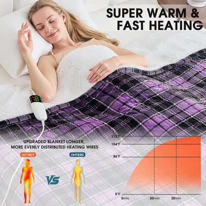 Heated Blanket Electric Throw 50X60 Heating Blanket with 10 Heating Levels 8 Hours Auto Off, Blue Plaid Sherpa Blankets Winter Warmer, Home Decor for Couch Bed Office,Gifts for Mom, Women,Washable