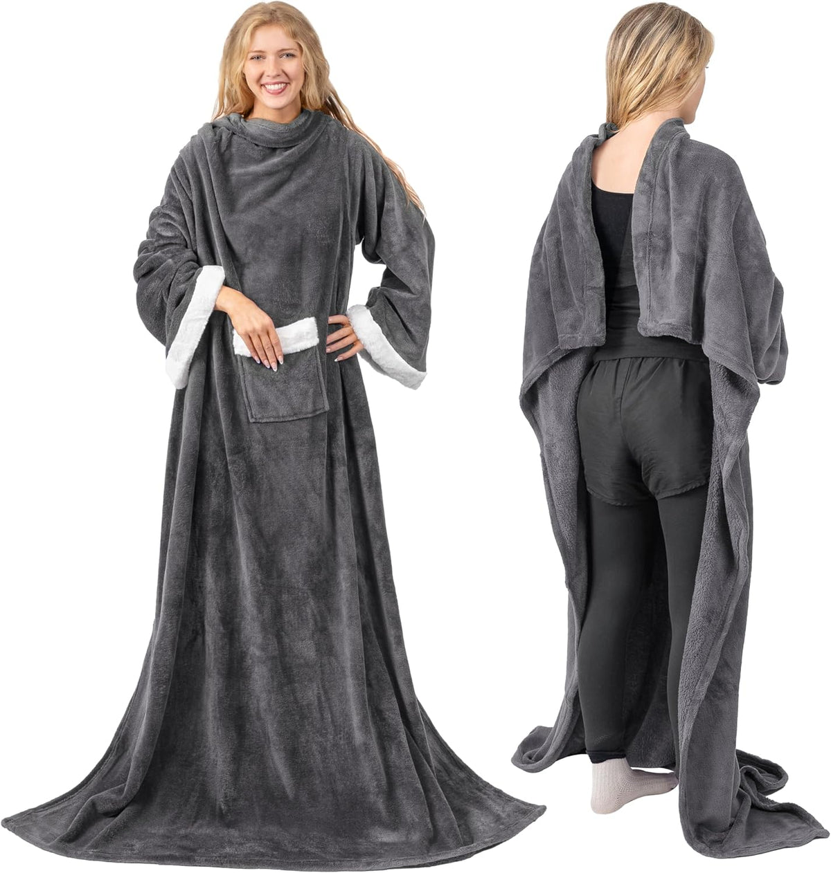 PAVILIA Wearable Blanket with Sleeves and Pocket for Women Men, Sherpa Trim