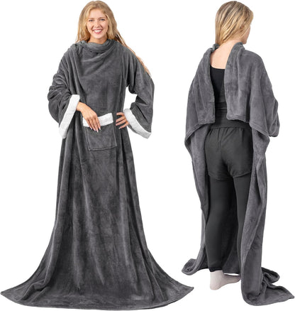 PAVILIA Wearable Blanket with Sleeves and Pocket for Women Men, Sherpa Trim