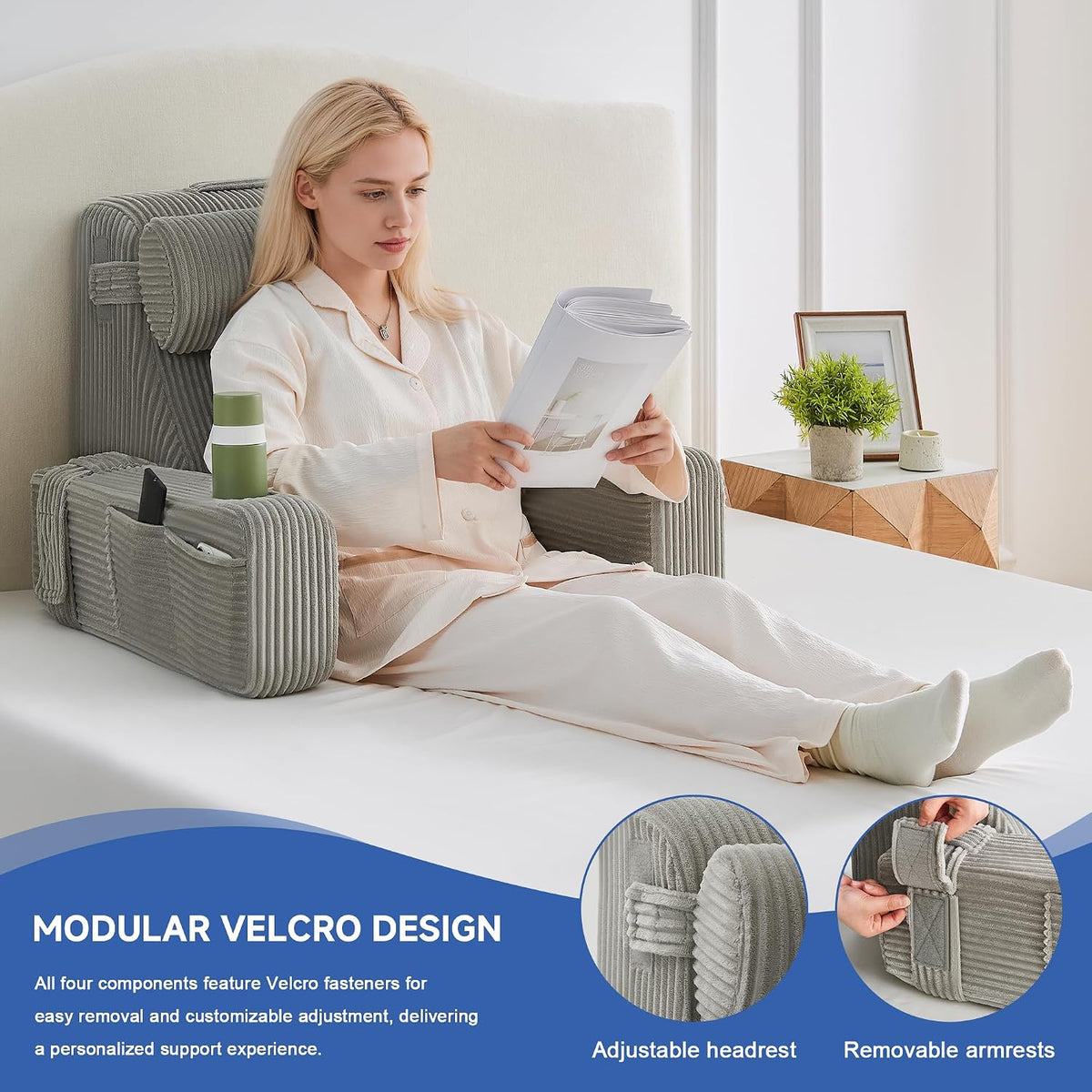 Reading Pillow for Sitting in Bed Adult, Back Pillow for Bed Sitting up with Arms, Pockets and Cup holder, Sit Up Backrest Pillows for Beds Chair Support, Rest Pillow for Gaming (Light gray)