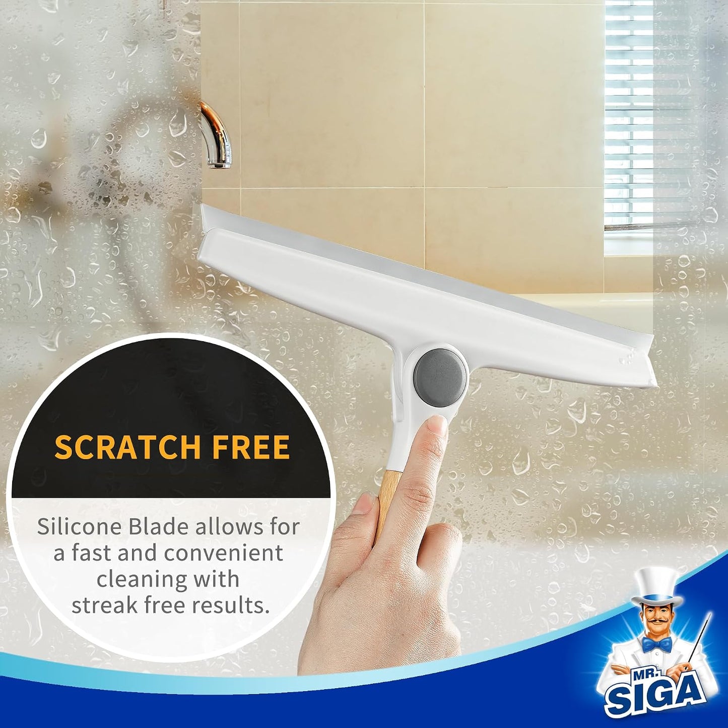 MR.SIGA Silicone Squeegee for Shower Door, Mirror, Glass, 10 inch, White | Streak free shower squeegee for windows, showers and glass surfaces, pivoting bamboo handle, includes 1 suction hook