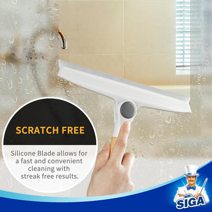 MR.SIGA Silicone Squeegee for Shower Door, Mirror, Glass, 10 inch, White | Streak free shower squeegee for windows, showers and glass surfaces, pivoting bamboo handle, includes 1 suction hook