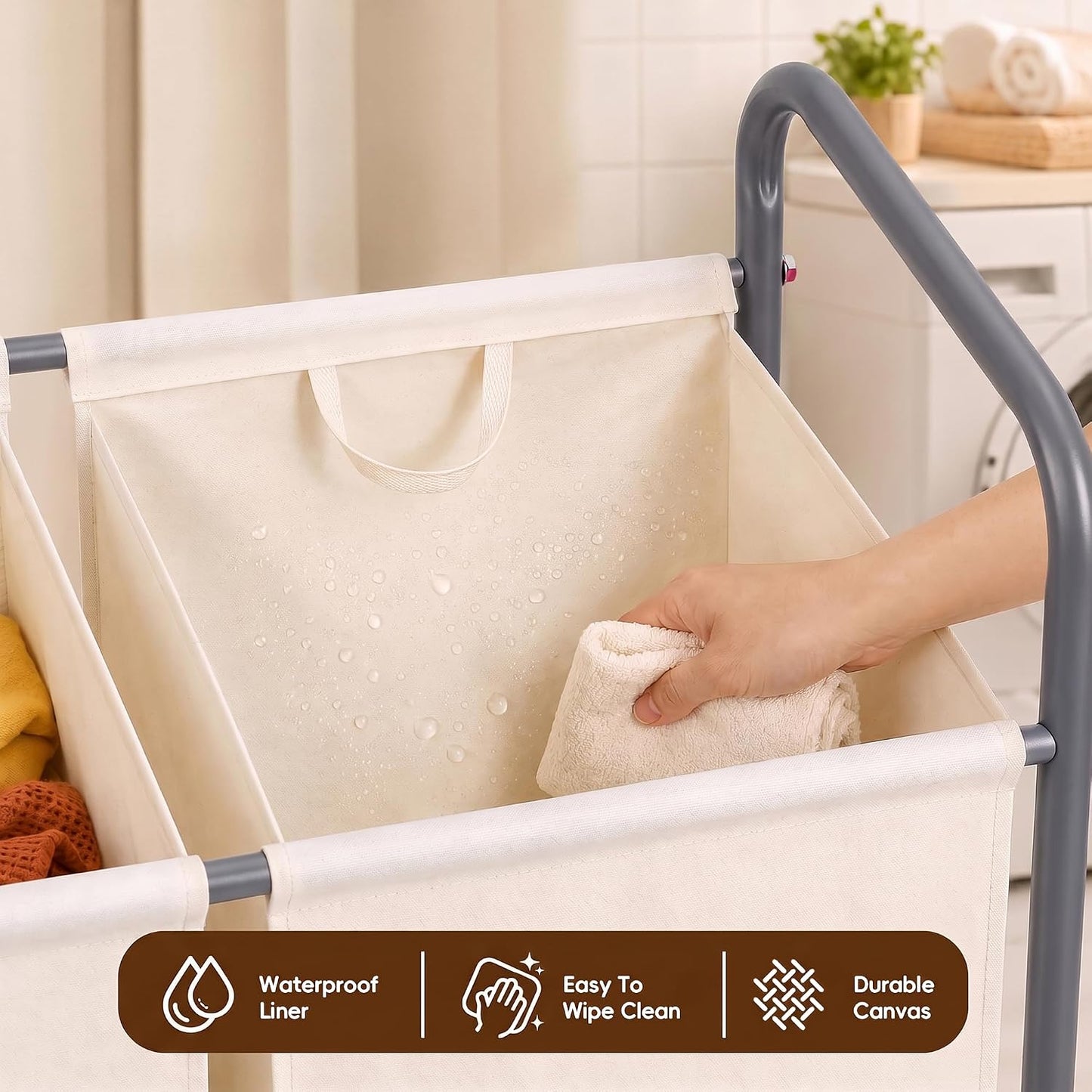 130L Laundry Hamper with Wheels, 3 Section Laundry Sorter Cart with Removable Bags, Rolling Clothes Hamper with Waterproof Lining, Sturdy Freestanding Canvas Laundry Basket for Laundry Room, Beige