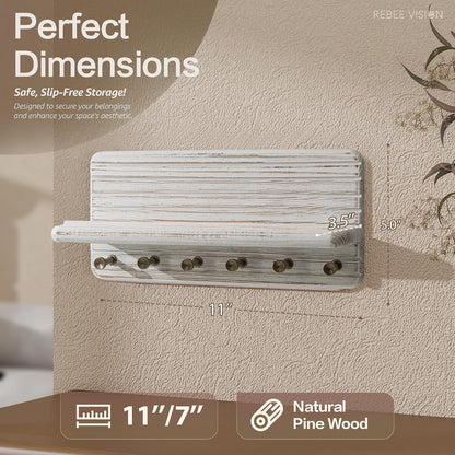 Rebee Vision Pine Wood Key Holder Wall Mount with Shelf for Entryway, Brown | 6 Key Hooks, Round Corner, Smooth&Hand-Friendly, Clear Wood Texture, Space-Saving Design, Organize Mail & Letter
