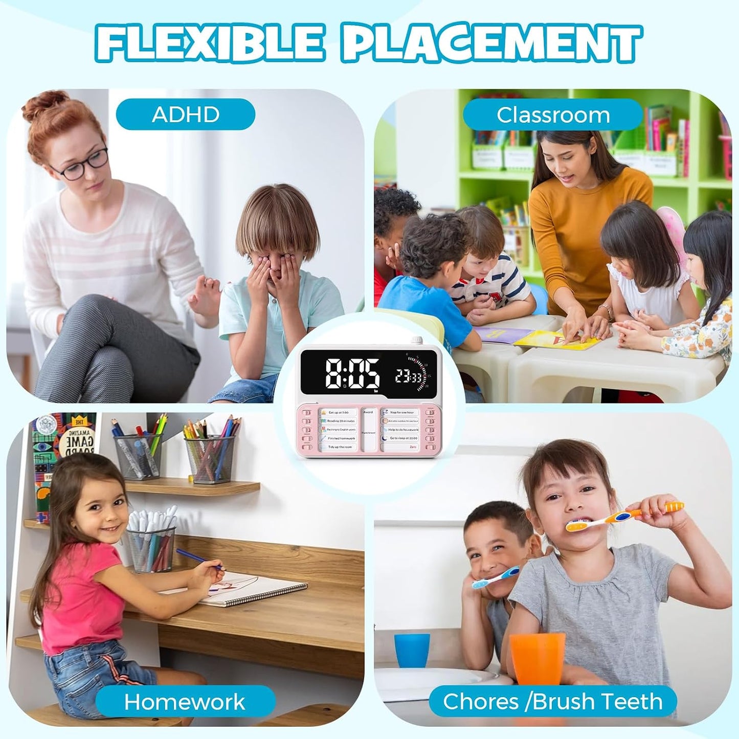 7-in-1 Visual Timer with Task Planner - Blue | ADHD Time Management Tool With Alarm, Countdown, Calendar, Temperature Display and Storage, Ideal for Home and School