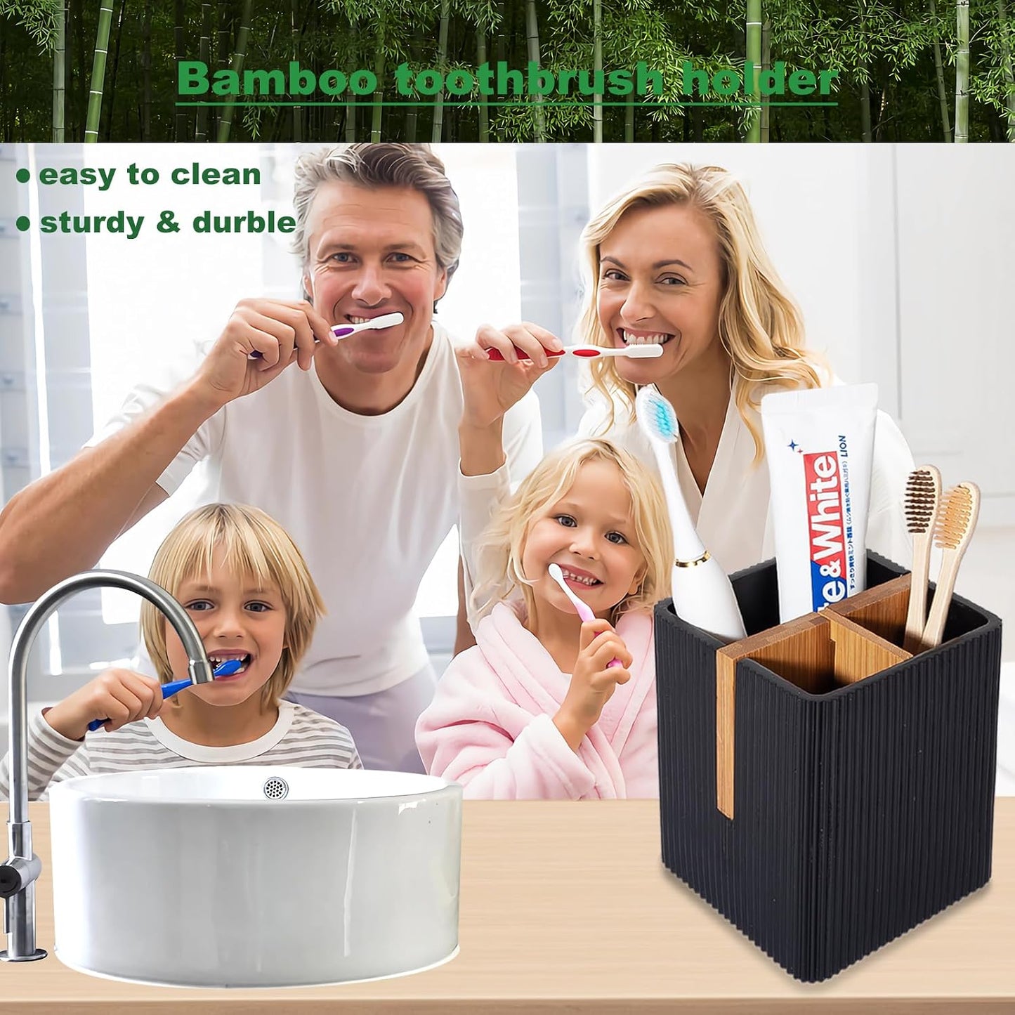 Toothbrush Holders for Bathroom, Bamboo Electric Toothbrush Stand, White | Toothbrush and Toothpaste Organizer for Sink Countertop, Bathroom Storage Stand for Brushing Accessories