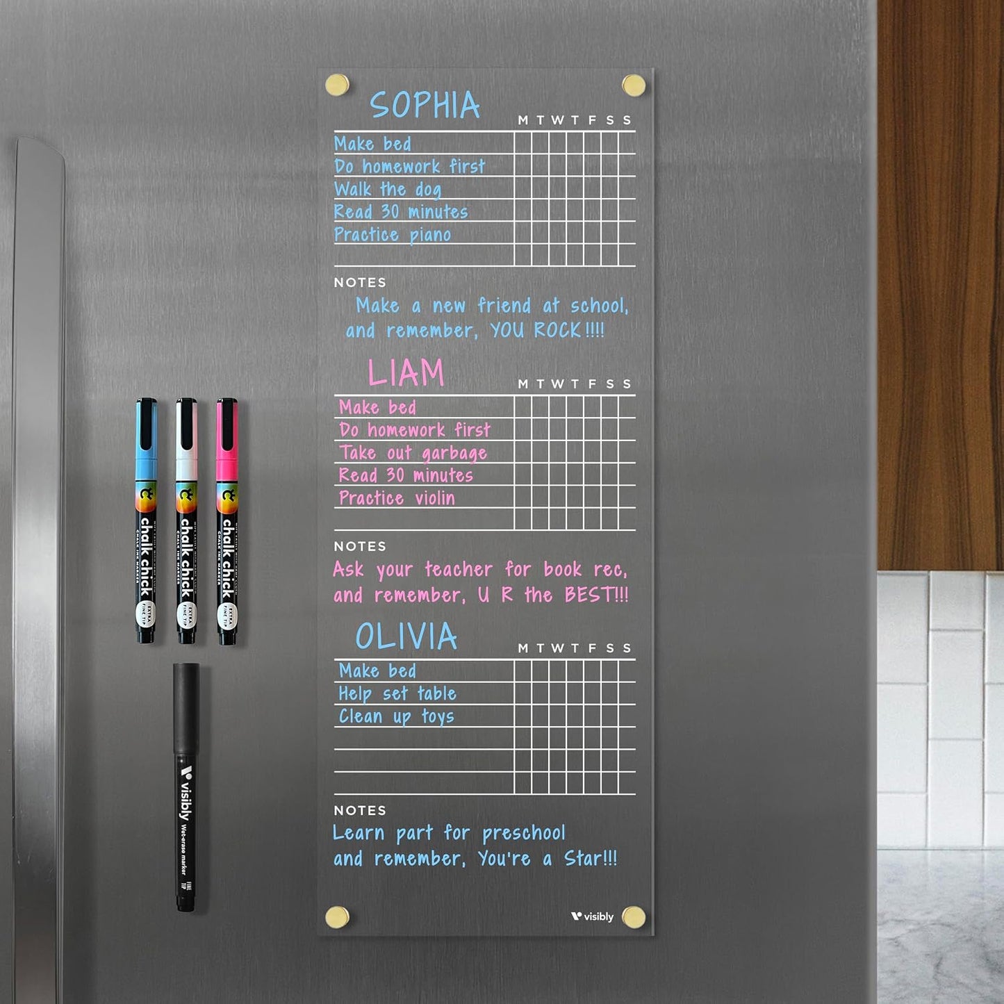 Magnetic Acrylic Chore Chart for Fridge - 7” x 18” Wet-Erase Task Board with 4 Magnetic Markers, Clear Reusable Refrigerator Organizer with Black Magnets
