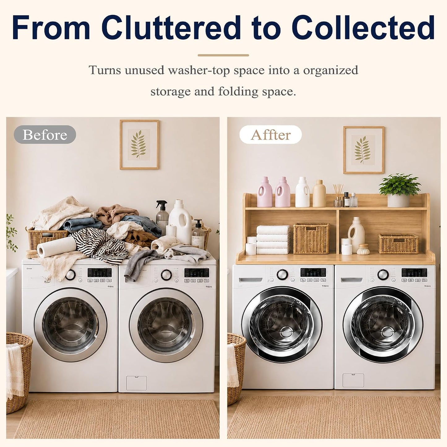 Royxen Washer Dryer Countertop with Extra Tall Shelf, 19" Height Washer and Dryer Topper, Laundry Countertop with Non-Slip Pads, Universal Fit for Laundry Room Organization, Walnut