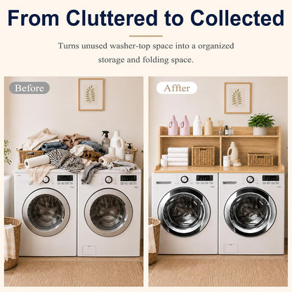 Royxen Washer Dryer Countertop with Extra Tall Shelf, 19" Height Washer and Dryer Topper, Laundry Countertop with Non-Slip Pads, Universal Fit for Laundry Room Organization, Walnut
