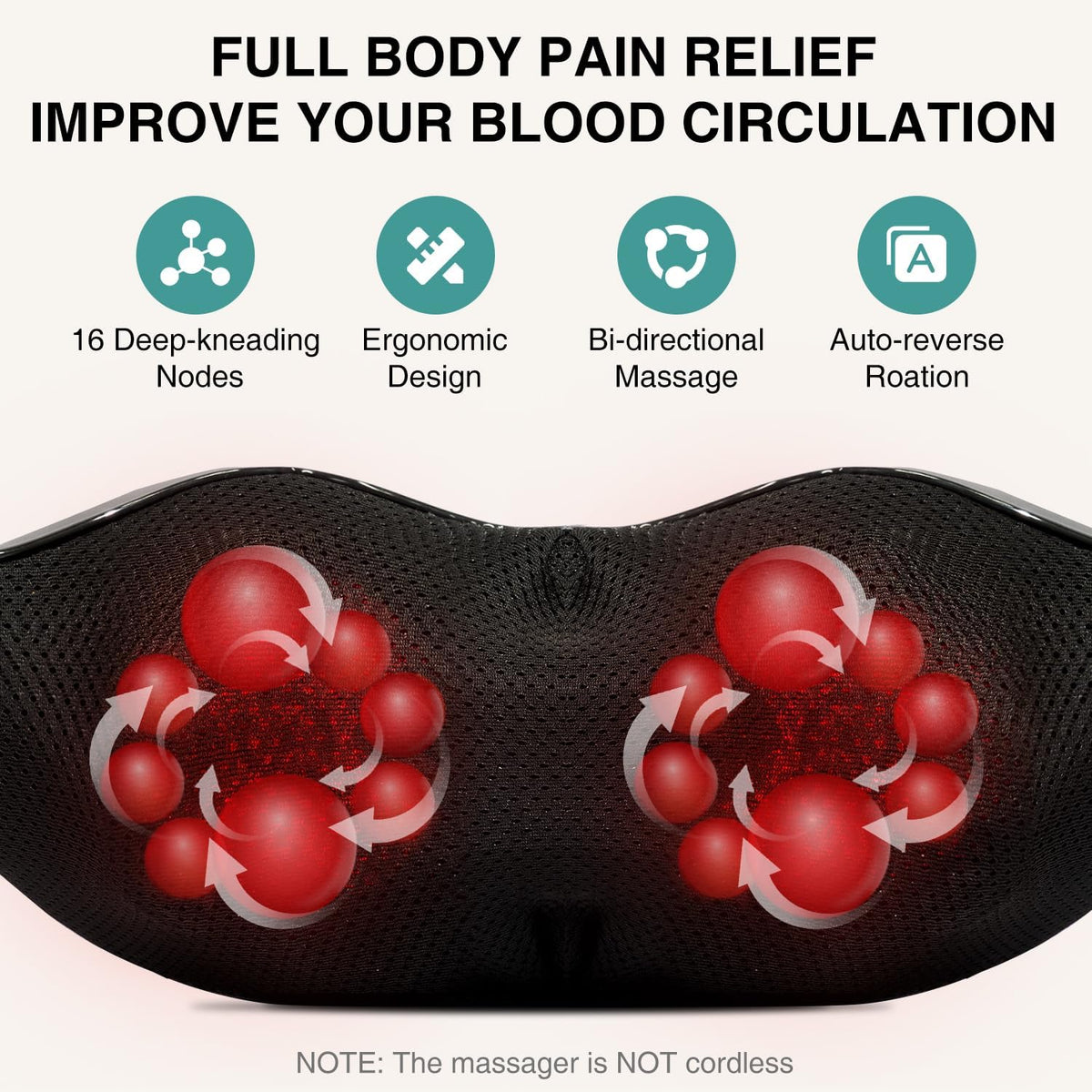 Nekteck Shiatsu Neck Massager with Heat for Pain Relief, NOT Cordless
