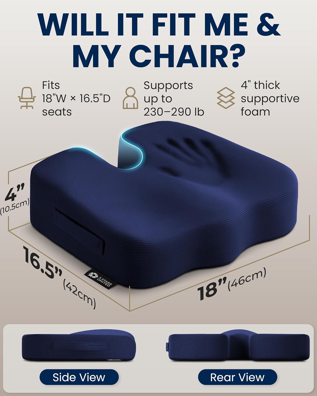 5 STARS UNITED Seat Cushion - Memory Foam Chair Cushion for Tailbone Pain Relief - Ergonomic Support for Coccyx, Sciatica & Butt - Office, Desk & Gaming Chair, Car Seat, Wheelchair, Airplane, Black