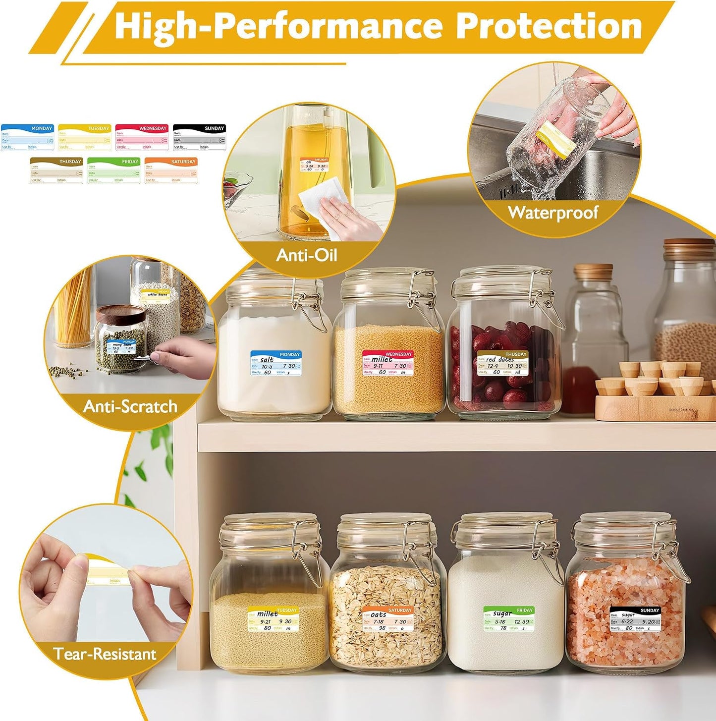 1680 Pcs 1" Square Day of The Week Labels, Removable & Writable Food Stickers in English/Español/Français for Restaurant Kitchen Containers and Inventory Management (Inches, 1 x 1)