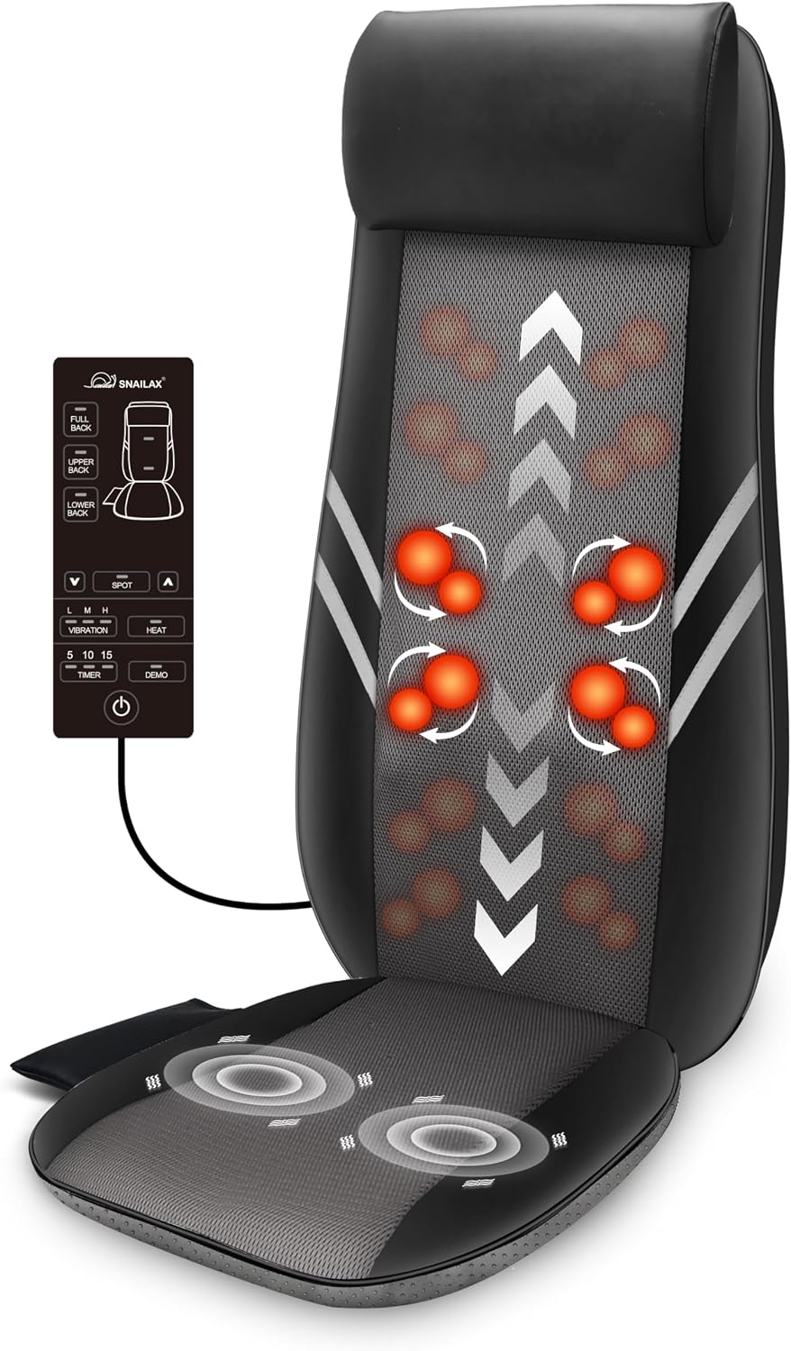 Snailax Shiatsu Back Massager with Heat, Deep Kneading Massage Chair Pad for Neck, Shoulders, Full Back & Waist, Adjustable Roller Massage Seat Cushion for Home Office, Pain Relief, Gift for Men Women