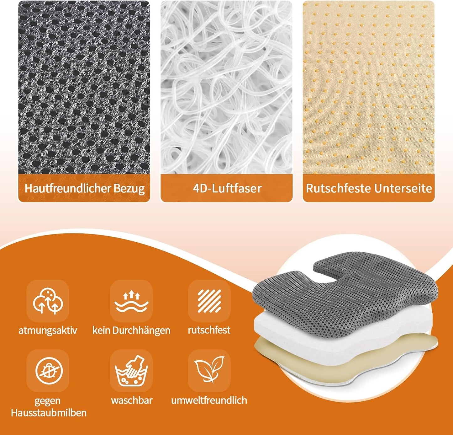 Gooo&Ma Air Fiber Seat Cushion, U-Shape Tailbone Comfort, Black | Thin design for office/car, breathable air fiber cooling, ergonomic, washable, non-slip, portable, 17.7"x13.8"x1.6"