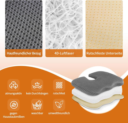 Gooo&Ma Air Fiber Seat Cushion, U-Shape Tailbone Comfort, Black | Thin design for office/car, breathable air fiber cooling, ergonomic, washable, non-slip, portable, 17.7"x13.8"x1.6"